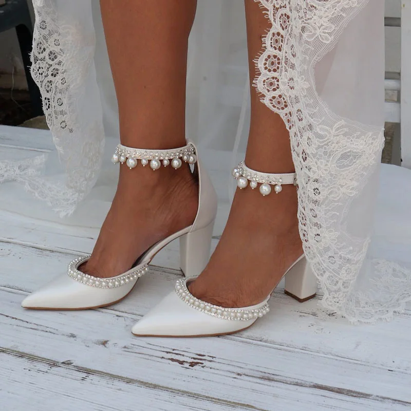 Women's White/Ivory White Pearls Embellished Ankle Strap Block Heel Pointed Toe Satin Pumps for Wedding Party Q-039
Women's White/Ivory White Pearls Embellished Ankle Strap Block Heel Pointed Toe Satin Pumps for Wedding Party Q-039