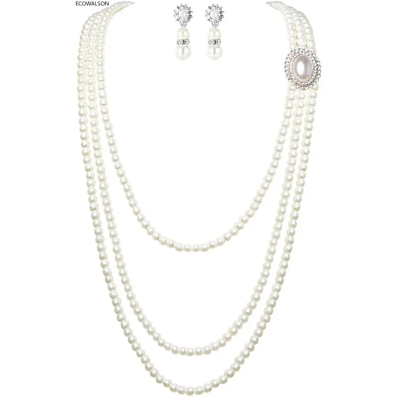 1920s Gatsby Pearl Necklace Vintage Bridal Pearl Necklace Earrings Jewelry Set Multilayer Imitation Pearl Necklace with Brooch
1920s Gatsby Pearl Necklace Vintage Bridal Pearl Necklace Earrings Jewelry Set Multilayer Imitation Pearl Necklace with Brooch