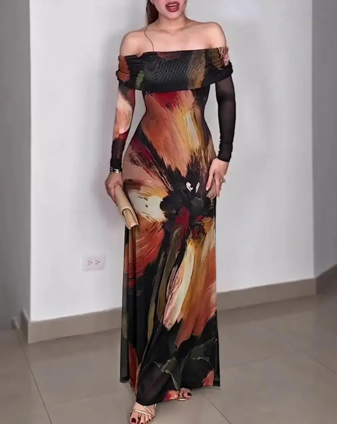 Women's Dress 2026 New Oil Painting Print Foldover Off Shoulder Mesh Overlay Maxi Dress Long Sleeve Ruched Mermaid Long Dress
Women's Dress 2026 New Oil Painting Print Foldover Off Shoulder Mesh Overlay Maxi Dress Long Sleeve Ruched Mermaid Long Dress