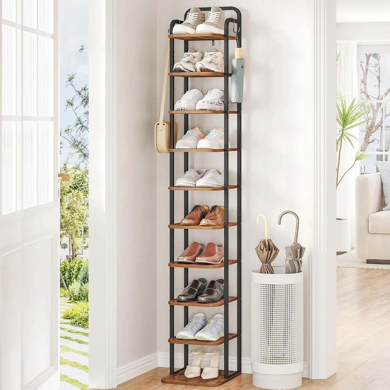 10 Tiers Vertical Shoe Rack, Narrow Shoe Tower, Tall Shoes Shelf with 2 Hooks, Adjustable Shelves, Corner Shoes Shelves
10 Tiers Vertical Shoe Rack, Narrow Shoe Tower, Tall Shoes Shelf with 2 Hooks, Adjustable Shelves, Corner Shoes Shelves