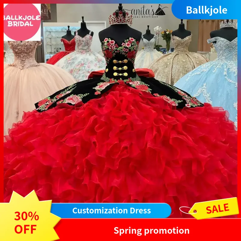 Elegant Black Red Velvet Quinceañera Dress With Charro Mexican Embroidery Organza Ruffles Sweetheart Lace Up Prom Gown Vintage
Elegant Black Red Velvet Quinceañera Dress With Charro Mexican Embroidery Organza Ruffles Sweetheart Lace Up Prom Gown Vintage