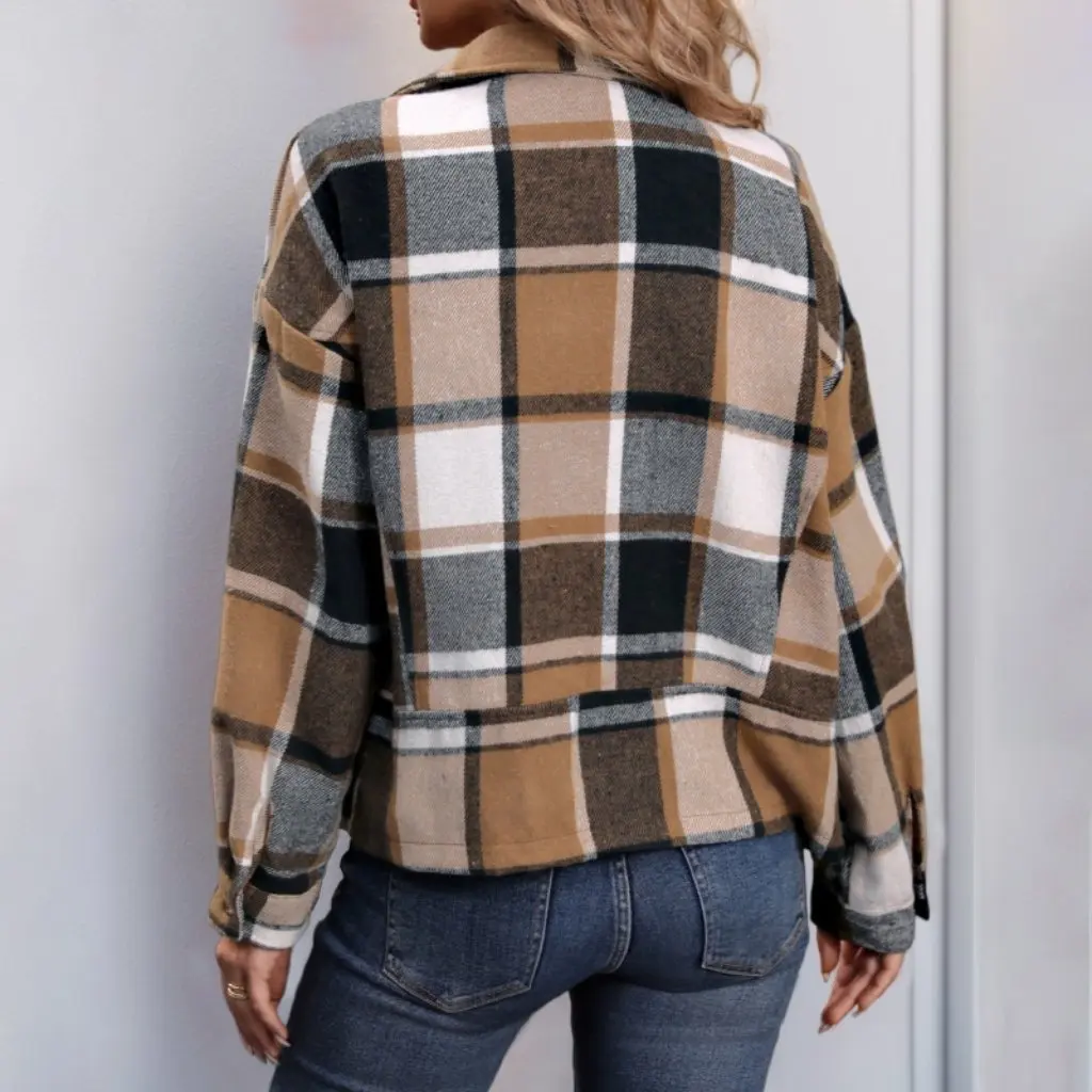 Women's Brushed Plaid Cardigan Retro Lapel Zipper Jacket Autumn Winter European American Style Women's Fashion Top 
Women's Brushed Plaid Cardigan Retro Lapel Zipper Jacket Autumn Winter European American Style Women's Fashion Top