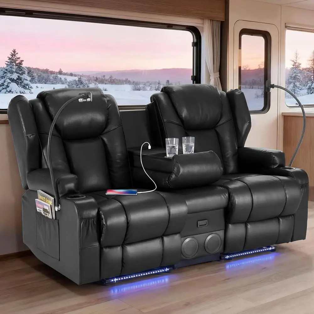 Dual Reclining Loveseat Sofa with PU Leather, Blue LED Lights, Bluetooth Speakers, USB Ports, Cup Holders, Ideal for Home Theate
Dual Reclining Loveseat Sofa with PU Leather, Blue LED Lights, Bluetooth Speakers, USB Ports, Cup Holders, Ideal for Home Theate