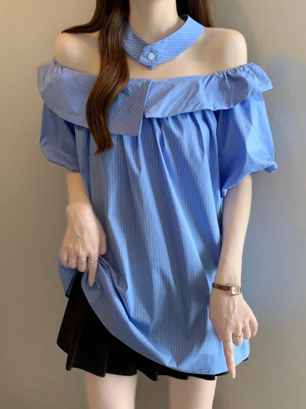 Elegant Blue Striped Shirt Women's Summer New plus Size Shoulder Baring Neckline Korean Style Commute Fashion Loose Fit Top
Elegant Blue Striped Shirt Women's Summer New plus Size Shoulder Baring Neckline Korean Style Commute Fashion Loose Fit Top