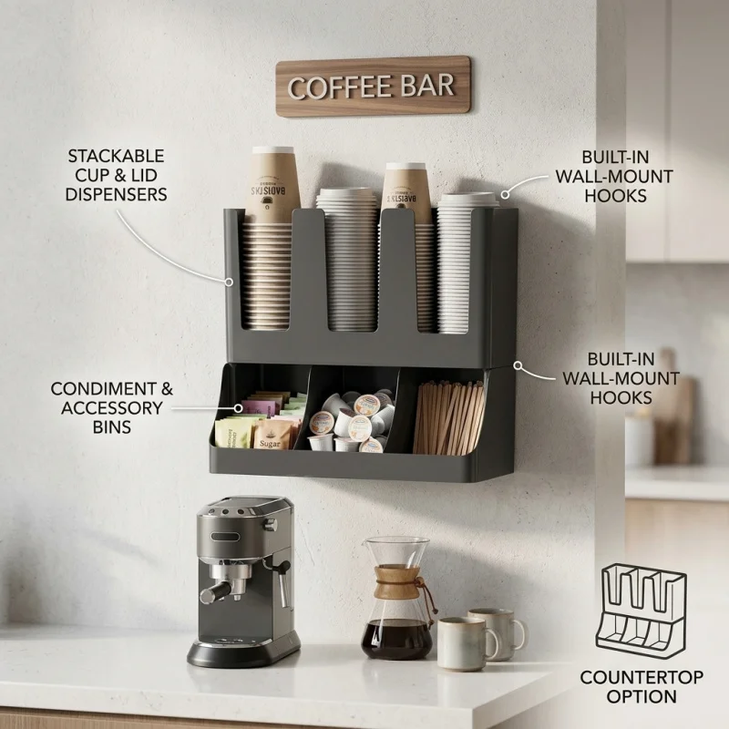 Coffee Bar Organizer for Countertop Wall Mounted Coffee Station Accessories Cup Condiment Storage Rack Wooden Coffee Pod Holder
Coffee Bar Organizer for Countertop Wall Mounted Coffee Station Accessories Cup Condiment Storage Rack Wooden Coffee Pod Holder