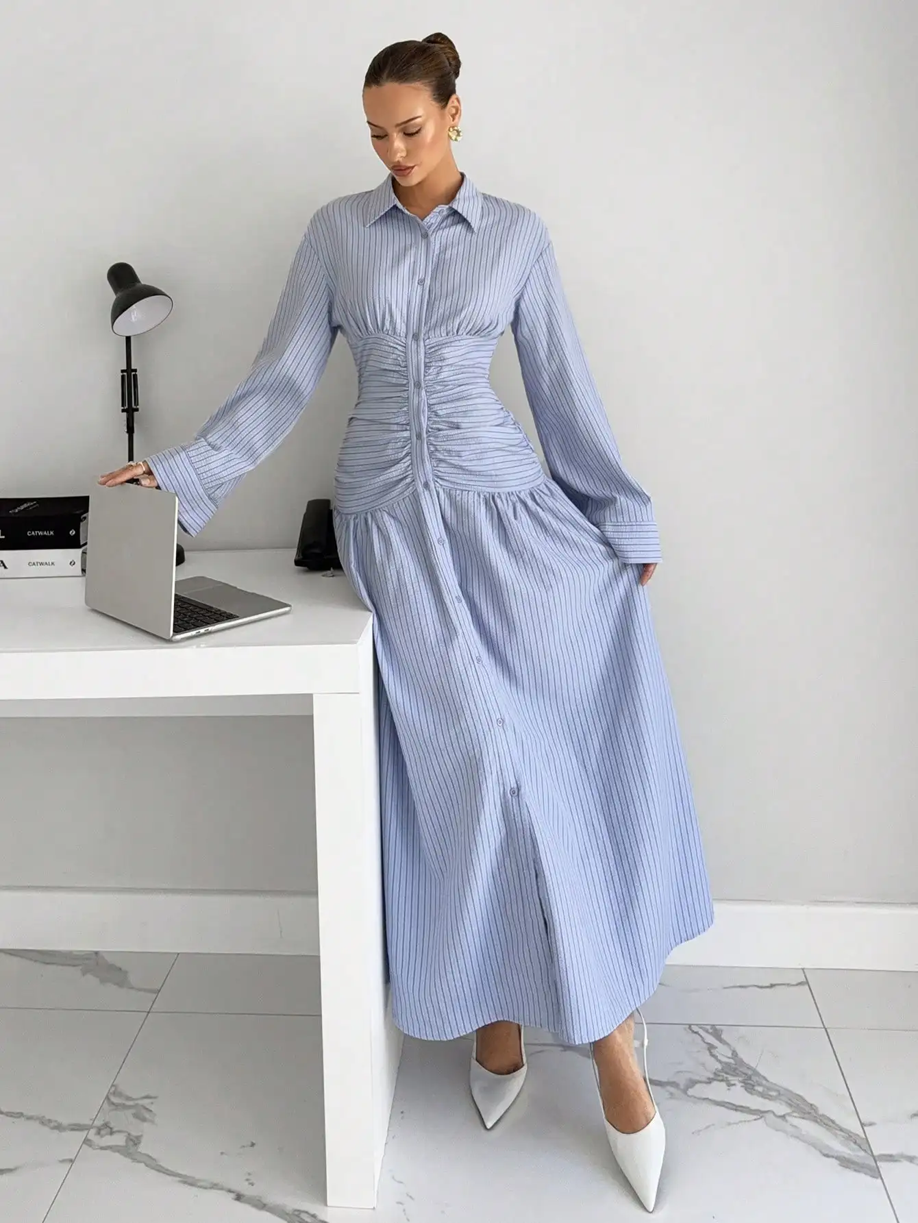 Striped Ruched Waist Long Shirt Dress With Flare Sleeve Single Breasted A-Line Womens Dress
Striped Ruched Waist Long Shirt Dress With Flare Sleeve Single Breasted A-Line Womens Dress