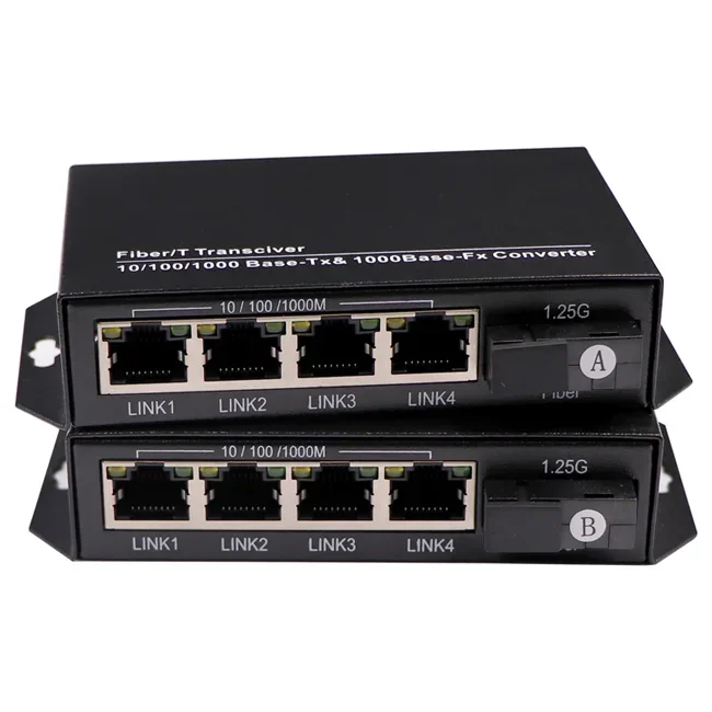 Оптический медиаконвертер Ethernet 1000M, 4 порта Ethernet, 1 порт 20KM
Оптический медиаконвертер Ethernet 1000M, 4 порта Ethernet, 1 порт 20KM