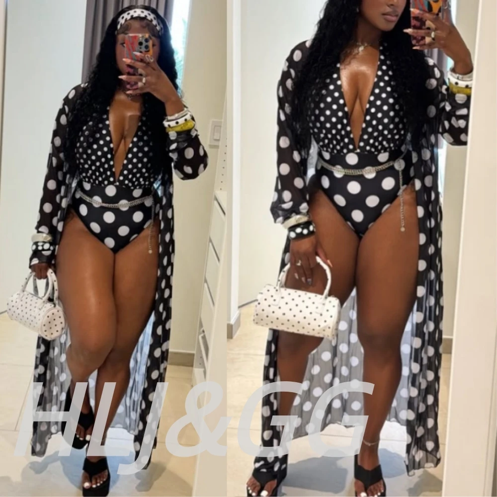 HLJ&GG Summer Polka Dot Print Mesh Bodycon Bodysuit Two Piece Sets Women Long Sleeve Smock+Deep V Jumpsuit Outfits with Hairband
HLJ&GG Summer Polka Dot Print Mesh Bodycon Bodysuit Two Piece Sets Women Long Sleeve Smock+Deep V Jumpsuit Outfits with Hairband