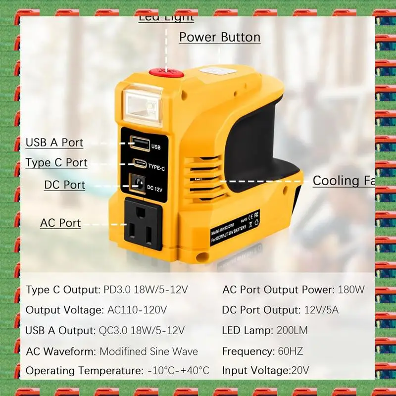 ABMO 180W Power Inverter For Inverter Converter For DC 20V To 110V~120V Battery Powered Outlet US-Plug
ABMO 180W Power Inverter For Inverter Converter For DC 20V To 110V~120V Battery Powered Outlet US-Plug