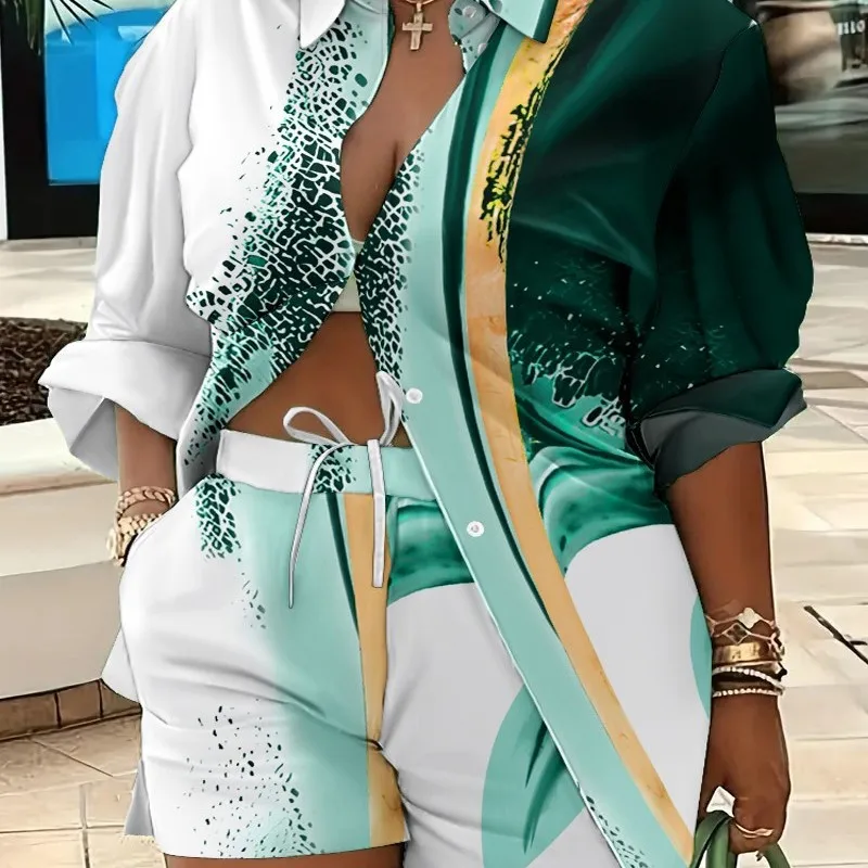 Women's Printed Suit Lapel Shirt Shorts Two-piece Set Long-sleeved Printed Button Lace-up Shorts Two-piece Set
Women's Printed Suit Lapel Shirt Shorts Two-piece Set Long-sleeved Printed Button Lace-up Shorts Two-piece Set