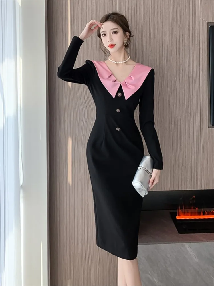 French Vintage Black Midi Dress Women Autumn Turn-down Collar Long Sleeve Single Breasted Slim Vestidos Elegant Evening Dresses
French Vintage Black Midi Dress Women Autumn Turn-down Collar Long Sleeve Single Breasted Slim Vestidos Elegant Evening Dresses