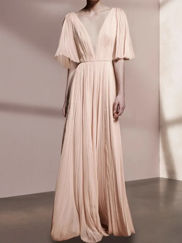 Apricot V-neck Pleated Dress Women Short Sleeve Streetwear Elegant Vestidos Bodycon Runway Design Vintage Cloth Lady
Apricot V-neck Pleated Dress Women Short Sleeve Streetwear Elegant Vestidos Bodycon Runway Design Vintage Cloth Lady