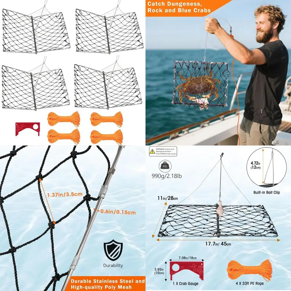 4 Set Castable Crab Trap, Foldable Crabbing Net with Rope & Bait Clip, Crab Snare/Pots/Traps for Blue Crabs, Dungeness, Crawfish
4 Set Castable Crab Trap, Foldable Crabbing Net with Rope & Bait Clip, Crab Snare/Pots/Traps for Blue Crabs, Dungeness, Crawfish