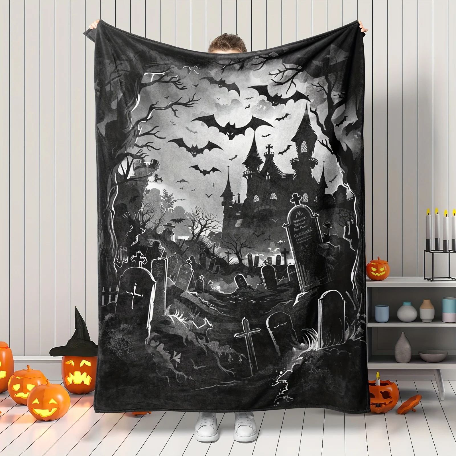 Halloween Flannel Throw Blanket Spooky Horror Bats & Haunted Mansion Design Soft Black Polyester Knit For Winter
Halloween Flannel Throw Blanket Spooky Horror Bats & Haunted Mansion Design Soft Black Polyester Knit For Winter