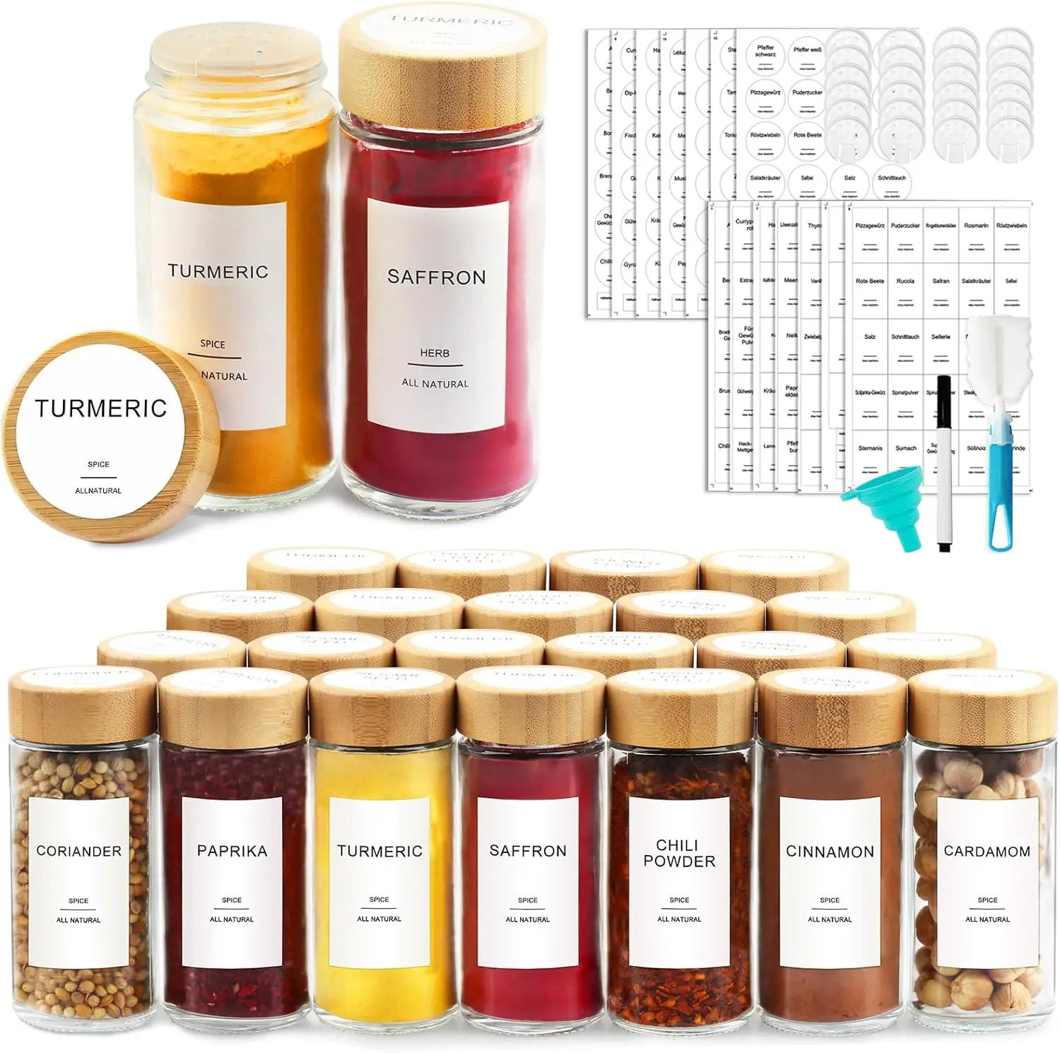 24 Pcs Glass Spice Jars with Bamboo Lids, 398 Labels & Shaker Lids, Funnel, Brush, Marker Included
24 Pcs Glass Spice Jars with Bamboo Lids, 398 Labels & Shaker Lids, Funnel, Brush, Marker Included