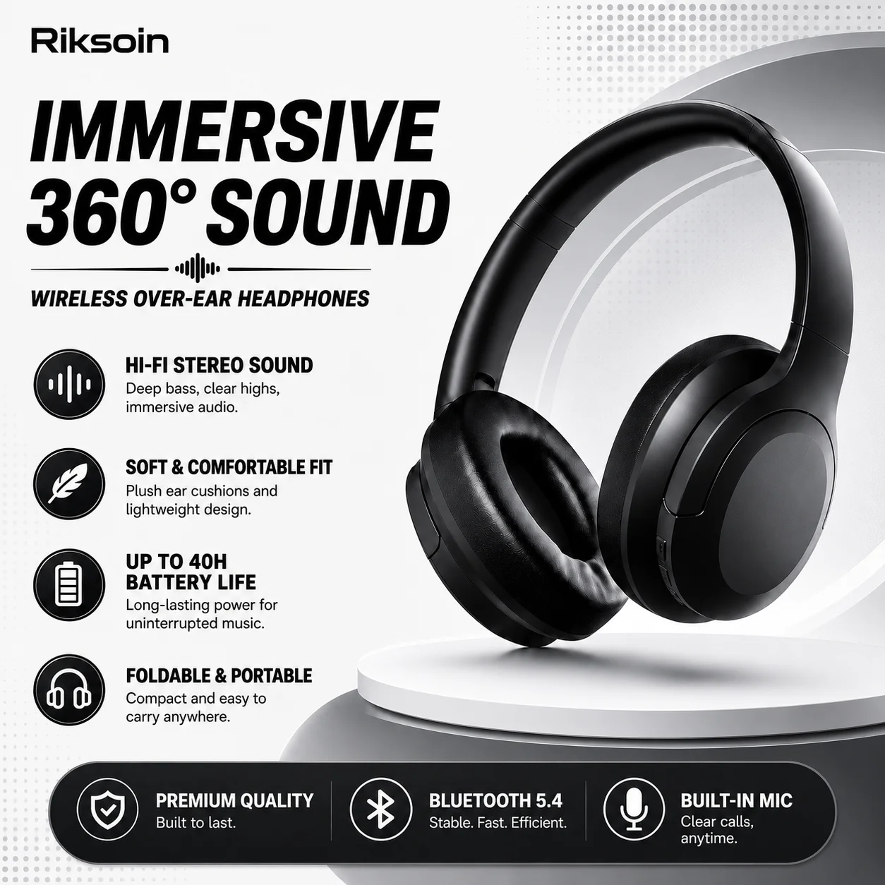 Riksoin Wireless Over Ear Headphones Bluetooth 5.4 40H Battery HiFi Stereo Bass Headset with Mic Comfortable Fit for Phone PC
Riksoin Wireless Over Ear Headphones Bluetooth 5.4 40H Battery HiFi Stereo Bass Headset with Mic Comfortable Fit for Phone PC