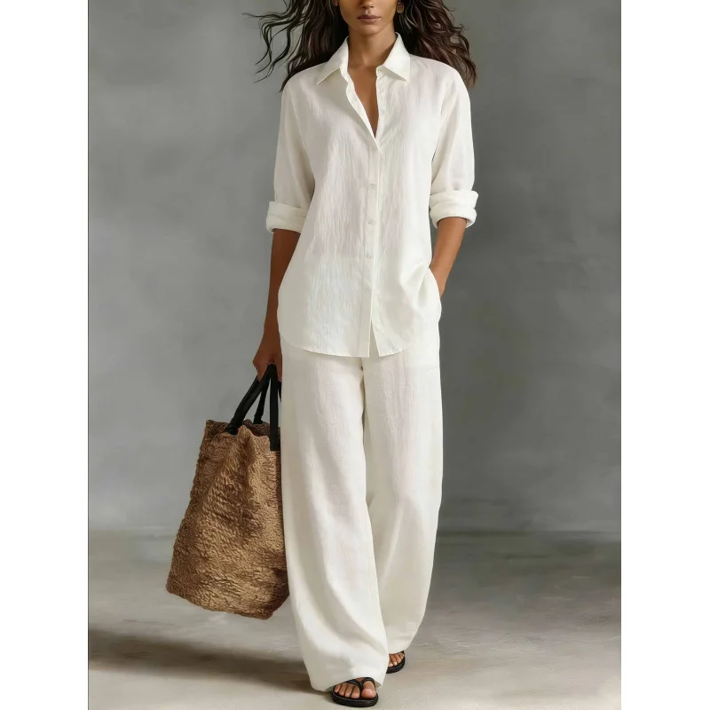 Fashion Cotton Linen Loose Shirt Women's Set Spring Autumn Lapel Long Sleeved Top + Wide Leg Trousers Office Lady 2piece Set
Fashion Cotton Linen Loose Shirt Women's Set Spring Autumn Lapel Long Sleeved Top + Wide Leg Trousers Office Lady 2piece Set