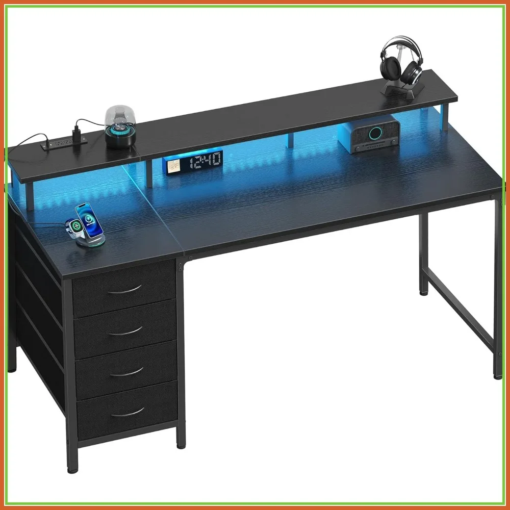 4-Drawer Computer Desk with Power Outlets & LED Lights, 39 Inch Writing Desk for Home Office, Monitor Shelf Included