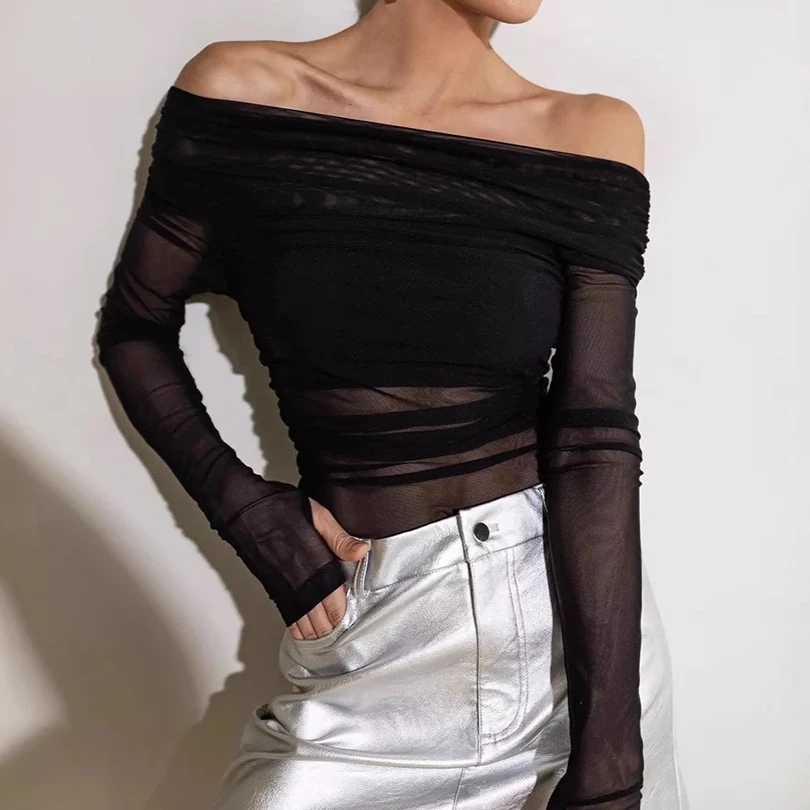 Sexy Perspective Mesh Off Shoulder T Shirt Women Long Sleeves Slash Neck Bottoming Shirt Ladies Tee Shirt Tops Camisetas Mujer
Sexy Perspective Mesh Off Shoulder T Shirt Women Long Sleeves Slash Neck Bottoming Shirt Ladies Tee Shirt Tops Camisetas Mujer