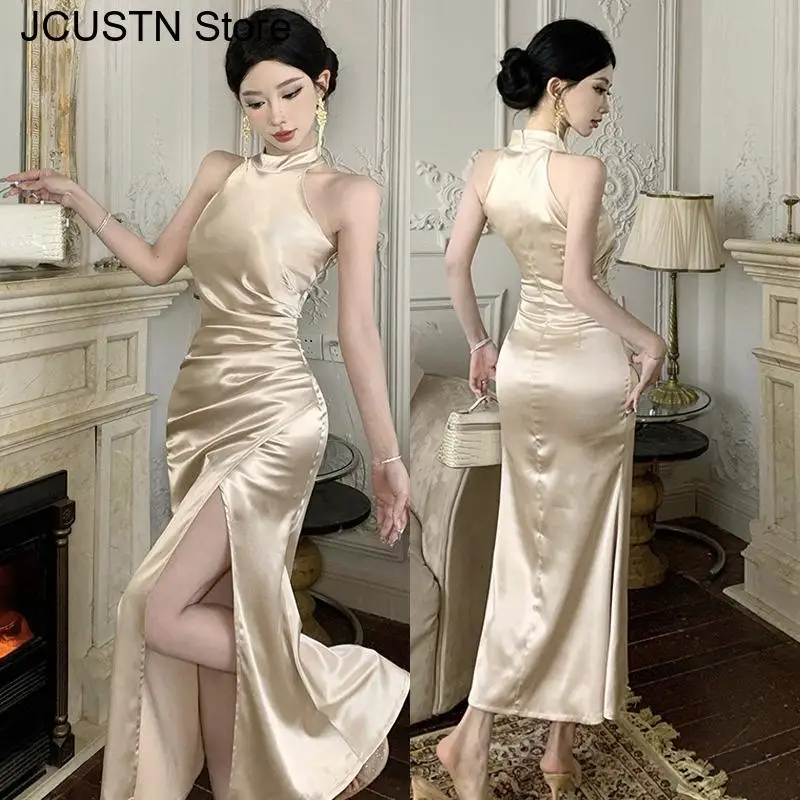 Satin Cheongsam Long Elegant Banquet Gown Sleeveless Qipao Female Sexy Evening Party Dress Gown Slim Vestidos Female Clubwear
Satin Cheongsam Long Elegant Banquet Gown Sleeveless Qipao Female Sexy Evening Party Dress Gown Slim Vestidos Female Clubwear