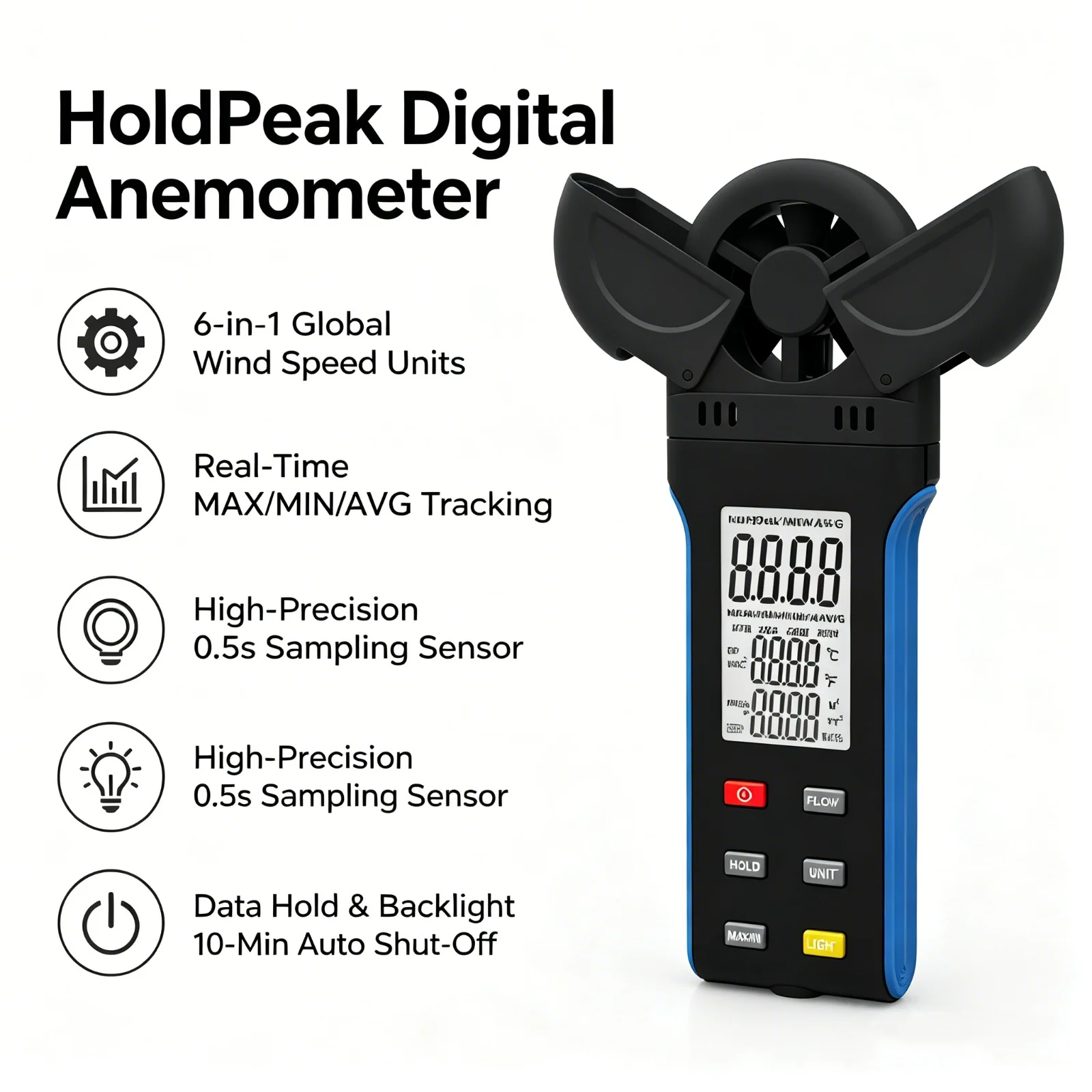 HoldPeak Digital Anemometer ±0.3m/s Wind Speed Meter Humidity 0.5s Sampling Backlit MAX/MIN/AVG for HVAC Meteorology Agriculture
HoldPeak Digital Anemometer ±0.3m/s Wind Speed Meter Humidity 0.5s Sampling Backlit MAX/MIN/AVG for HVAC Meteorology Agriculture