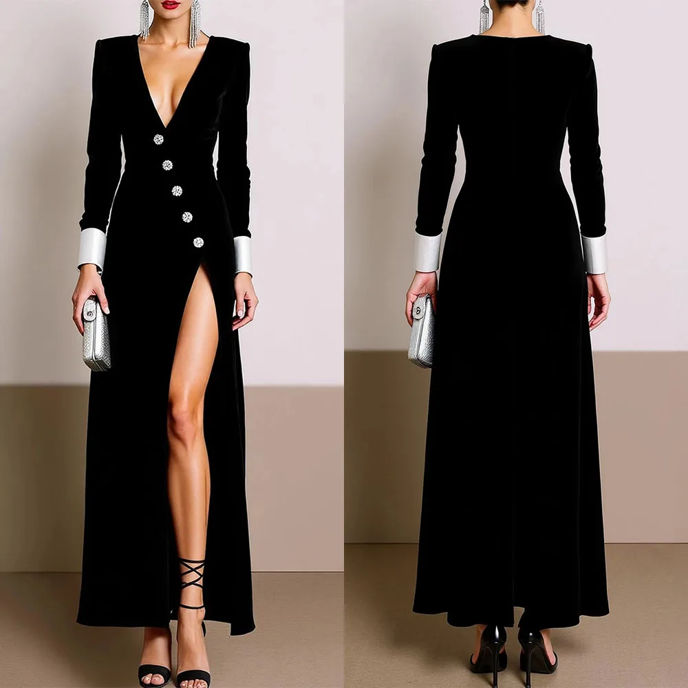 Высококачественное индивидуальное вечернее платье с V-образным вырезом, черное, длиной до щиколотки, с длинными рукавами, на пуговицах, с высоким разрезом, элегантное, для выпускного вечера, Vestidos
Высококачественное индивидуальное вечернее платье с V-образным вырезом, черное, длиной до щиколотки, с длинными рукавами, на пуговицах, с высоким разрезом, элегантное, для выпускного вечера, Vestidos