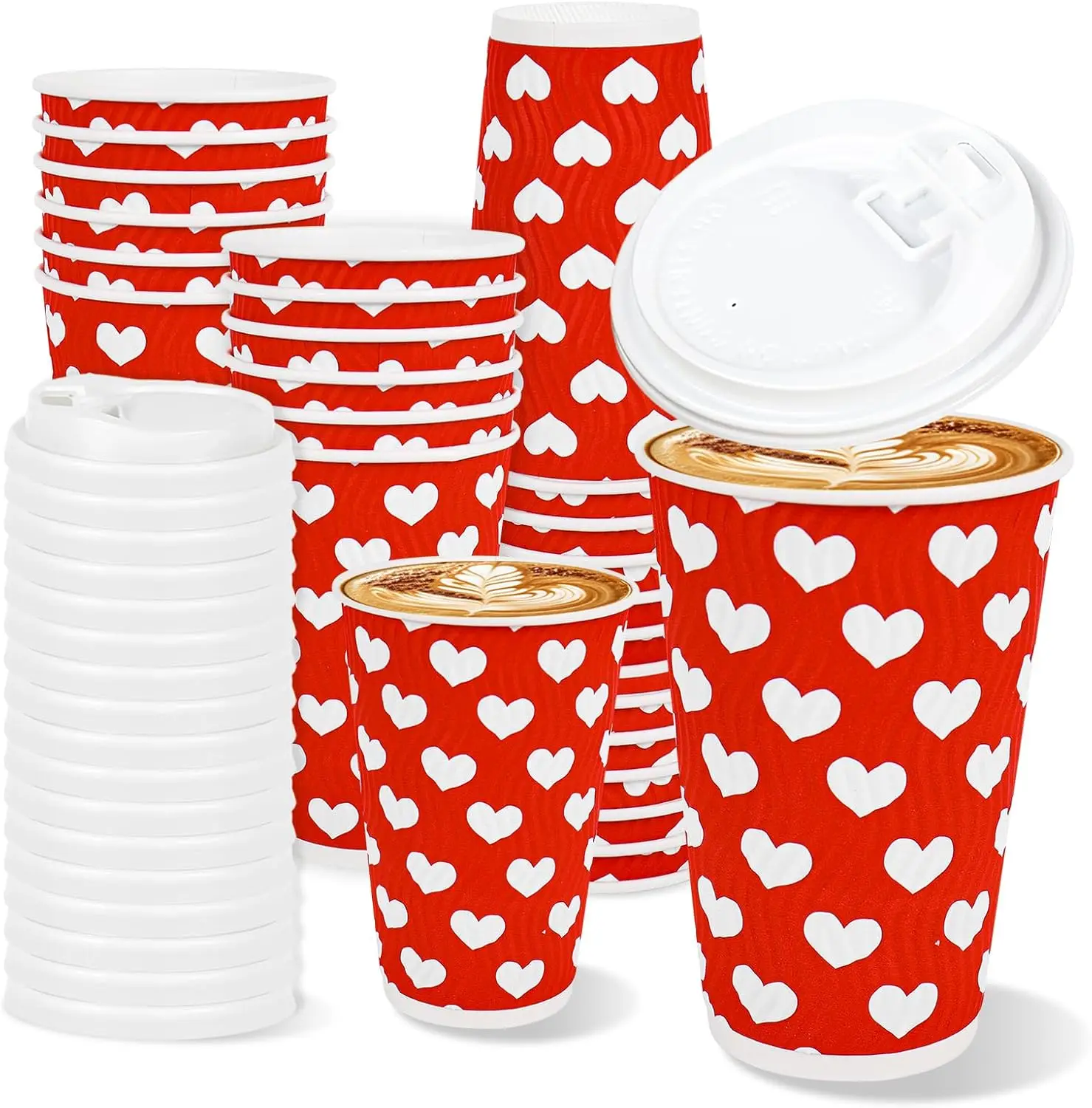 100Pcs Valentine's Day Disposable Coffee Cups with Lids 16oz Paper Cups Red White Heart Corrugated Ripple Wall Insulated
100Pcs Valentine's Day Disposable Coffee Cups with Lids 16oz Paper Cups Red White Heart Corrugated Ripple Wall Insulated