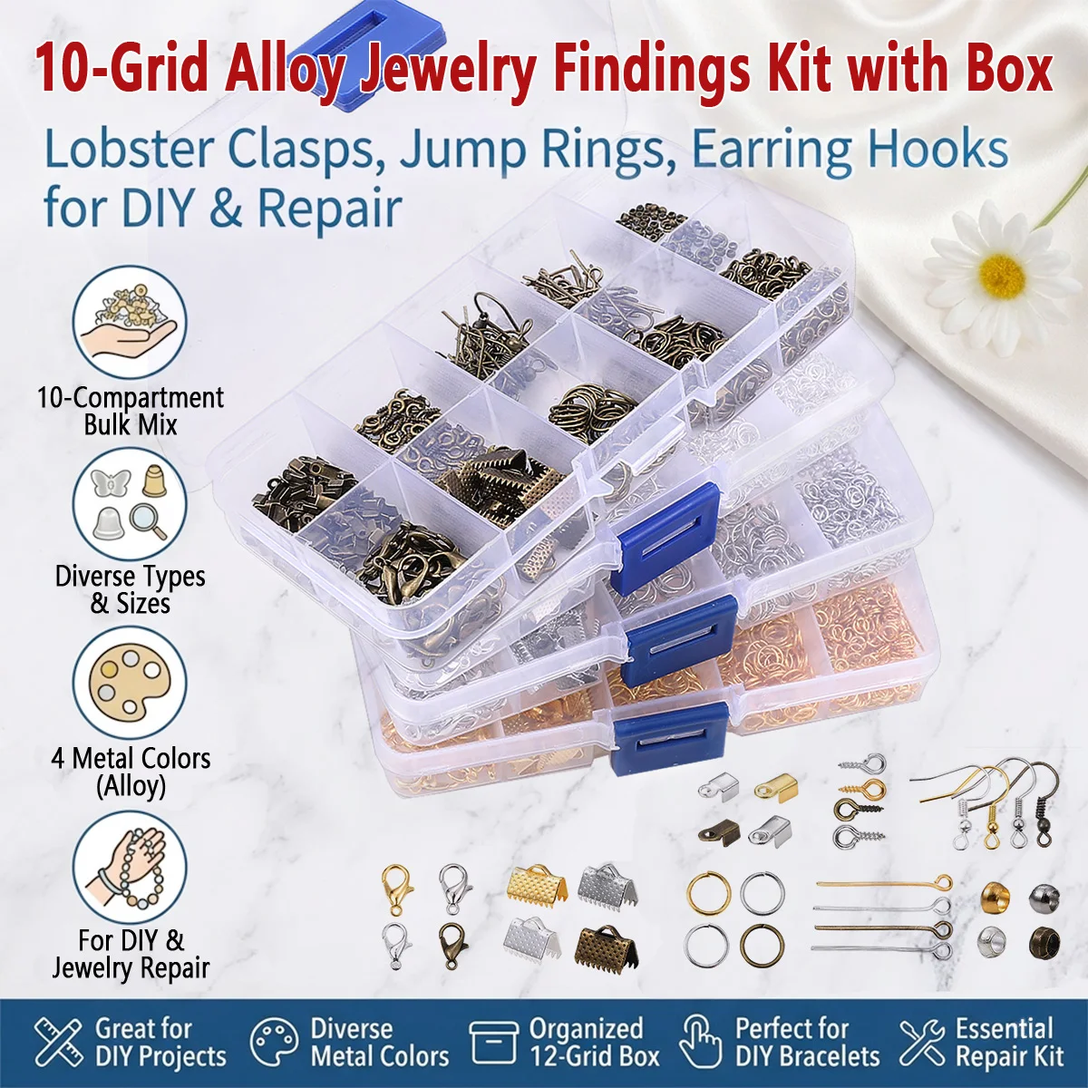 Alloy Jewelry Findings Kit with 10-Grid Organizer Box, Include Lobster Clasps Jump Rings Earring Hooks for DIY Jewelry Making
Alloy Jewelry Findings Kit with 10-Grid Organizer Box, Include Lobster Clasps Jump Rings Earring Hooks for DIY Jewelry Making