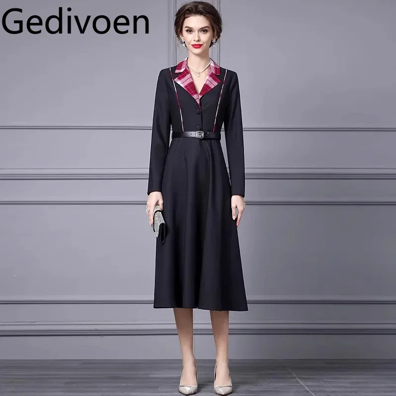 Gedivoen Autumn and winter Women's fashionable Dress Notched Long Sleeved Button Commuter Black/Purple red Dresses With Belt
Gedivoen Autumn and winter Women's fashionable Dress Notched Long Sleeved Button Commuter Black/Purple red Dresses With Belt