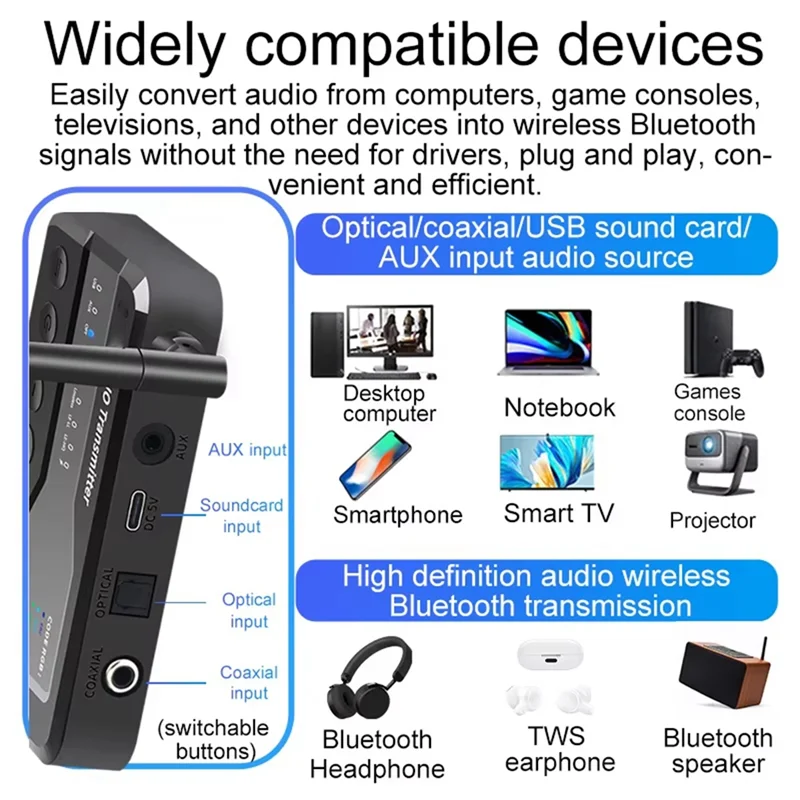 Practical-BT5.3 Audio Transmitter Distance Aptx Adaptive/HD LC3 Wireless Broadcast 1 To N Receiver OTG USB Toslink Coaxial AUX
Practical-BT5.3 Audio Transmitter Distance Aptx Adaptive/HD LC3 Wireless Broadcast 1 To N Receiver OTG USB Toslink Coaxial AUX