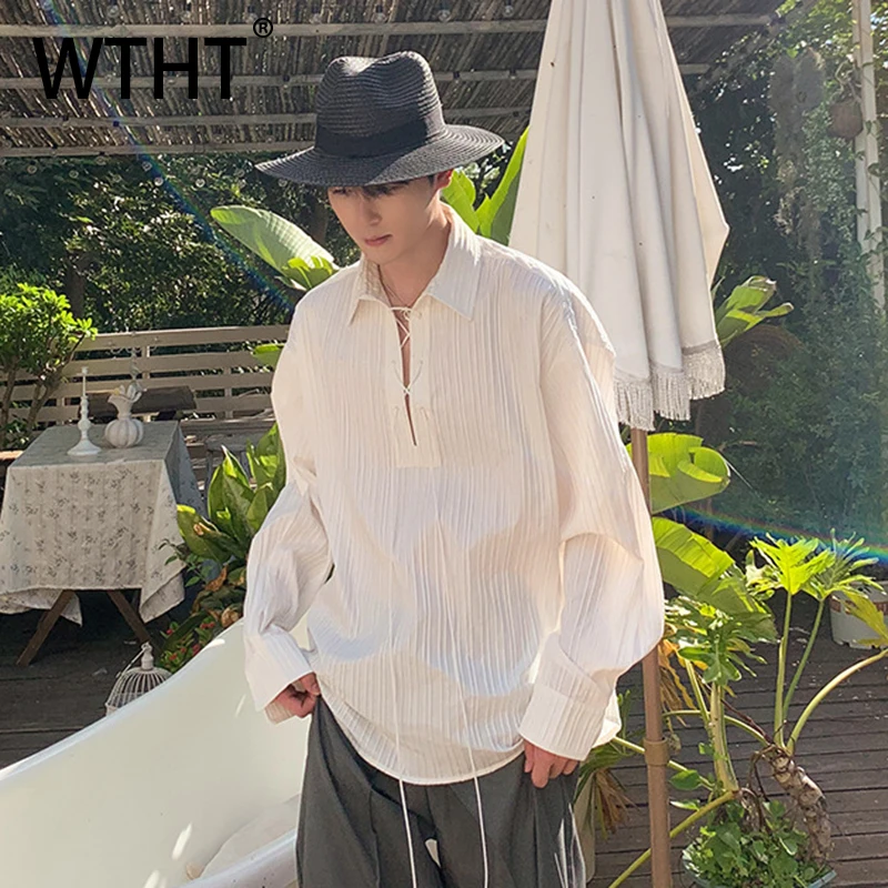 WTHT Fashion Men's Solid Color Pleated Drawing Design Casual Shirt Trendy Loose Lapel Long Sleeves Blouse Male Summer 2A0104
WTHT Fashion Men's Solid Color Pleated Drawing Design Casual Shirt Trendy Loose Lapel Long Sleeves Blouse Male Summer 2A0104