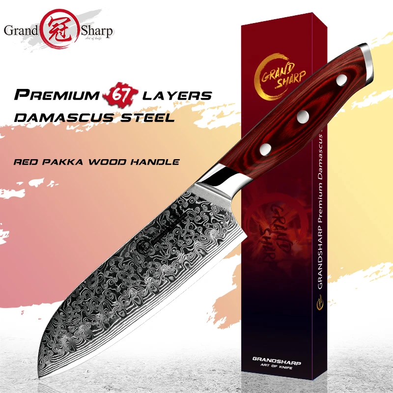 Grandsharp 5'' Santoku Chef Knife Kitchen Knive Japanese Damascus AUS10 Steel Razor Sharp Blade Meat Cutting Tool Pakka Handle
Grandsharp 5'' Santoku Chef Knife Kitchen Knive Japanese Damascus AUS10 Steel Razor Sharp Blade Meat Cutting Tool Pakka Handle
