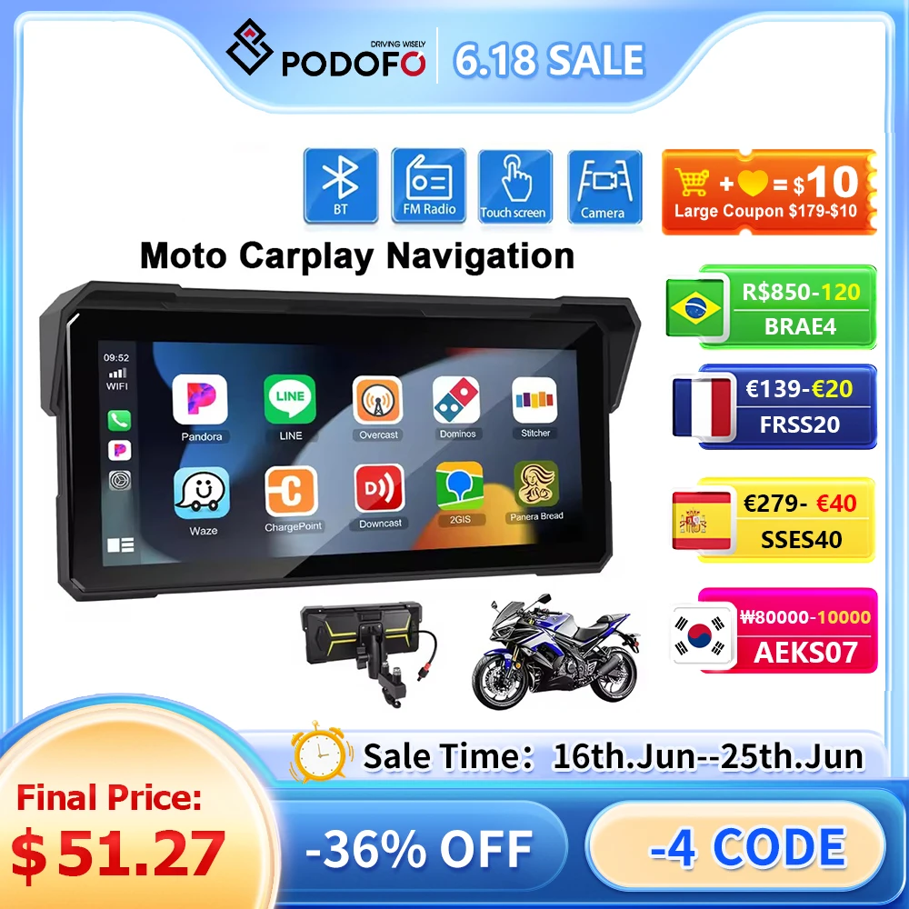 Podofo 8.1'' HD Touch Screen Motorcycle Navigation GPS Carplay Android Auto Airplay Android Cast EQ Bluetooth IP68 Waterproof
Podofo 8.1'' HD Touch Screen Motorcycle Navigation GPS Carplay Android Auto Airplay Android Cast EQ Bluetooth IP68 Waterproof