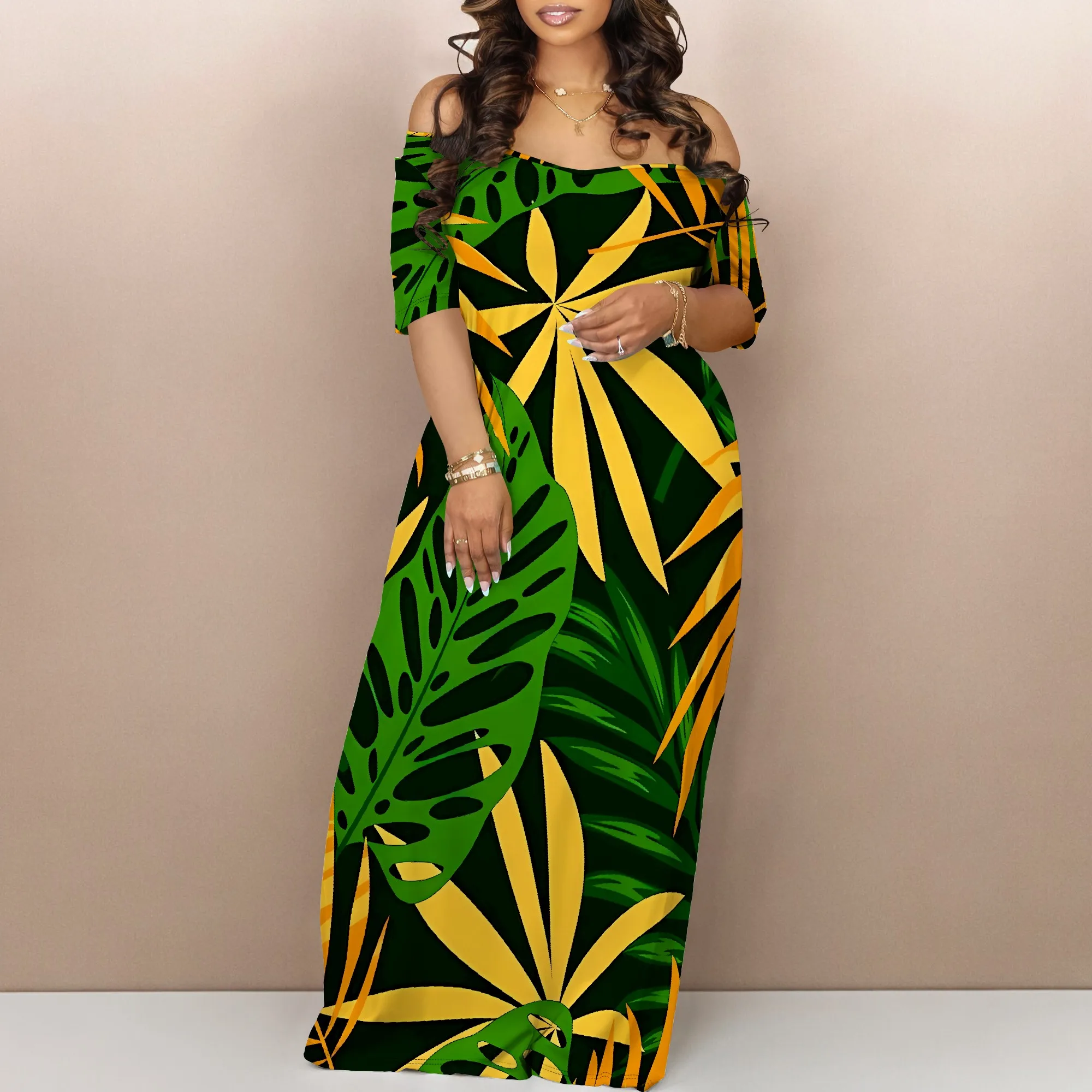 Summer Off Shoulder Maxi Dress Green Yellow Bold Leaf Print Women Holiday Beach Dress
Summer Off Shoulder Maxi Dress Green Yellow Bold Leaf Print Women Holiday Beach Dress