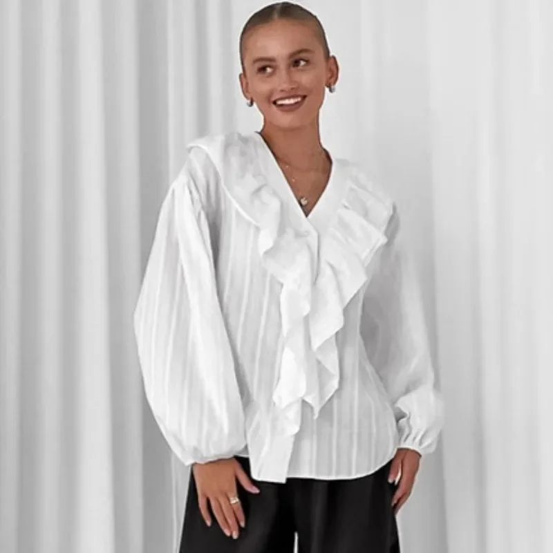 French Convex Jacquard Ruffled Long - Sleeve Women's Blouse, A New Fashionable Top For Autumn And Winter 2026
French Convex Jacquard Ruffled Long - Sleeve Women's Blouse, A New Fashionable Top For Autumn And Winter 2026