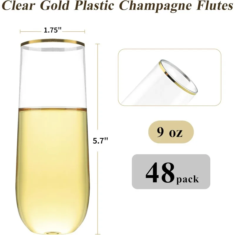 48 Pack 9 oz Stemless Plastic Champagne Flutes, Clear Disposable Champagne Glasses Gold Rim, Shatterproof and BPA-Free
48 Pack 9 oz Stemless Plastic Champagne Flutes, Clear Disposable Champagne Glasses Gold Rim, Shatterproof and BPA-Free