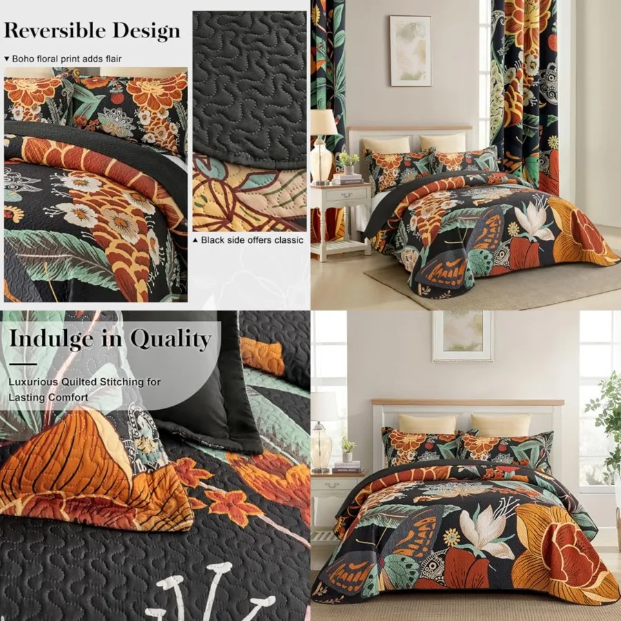 3 Piece Black Boho Floral King Size Quilt Sets Reversible Farmhouse Botanical Lightweight Bedspread Coverlet with 2 Shams Butterfly Microfiber Bedding Quilts Set for All Season, 106''x96''
3 Piece Black Boho Floral King Size Quilt Sets Reversible Farmhouse Botanical Lightweight Bedspread Coverlet with 2 Shams Butterfly Microfiber Bedding Quilts Set for All Season, 106''x96''