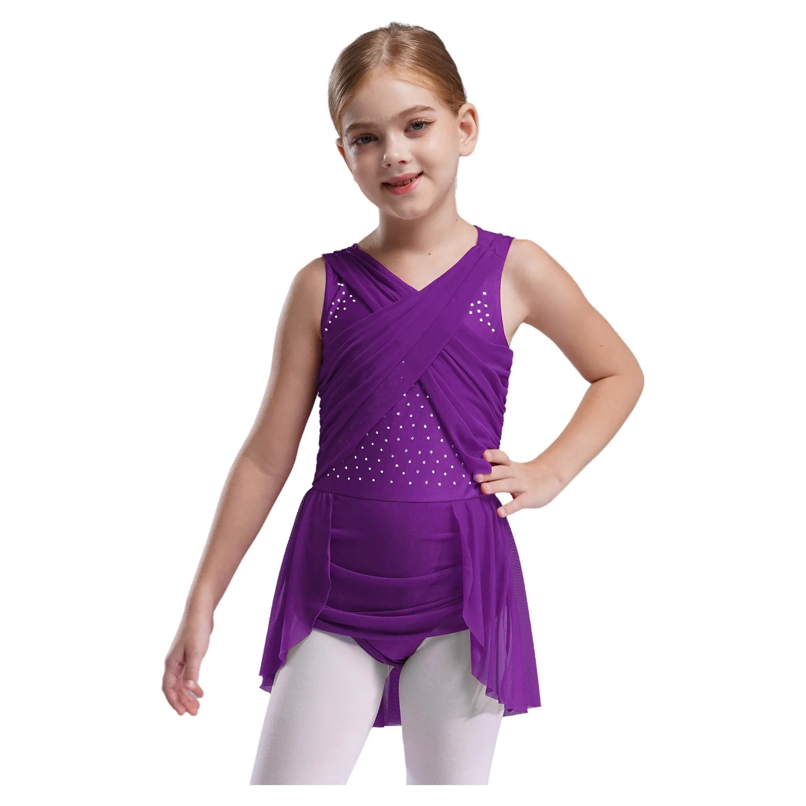 Girls Lyrical Ballet Practice Dance Dress Leotard Cross Mesh Overlay Shiny Rhinestones Dress for Skating Performance Costumes
Girls Lyrical Ballet Practice Dance Dress Leotard Cross Mesh Overlay Shiny Rhinestones Dress for Skating Performance Costumes