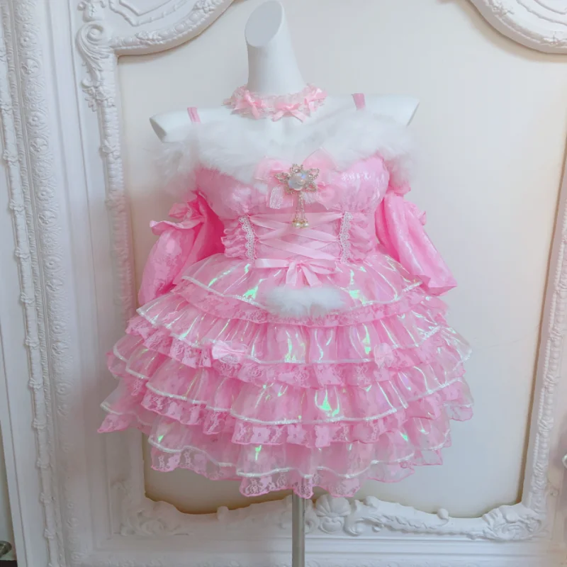 Lolita Style Pink Glossy Sweet Suspender Off Shoulder Dress Sissy Maid COS Cosplay Dress Bowknot Lace Ruffle Princess Dress 
Lolita Style Pink Glossy Sweet Suspender Off Shoulder Dress Sissy Maid COS Cosplay Dress Bowknot Lace Ruffle Princess Dress