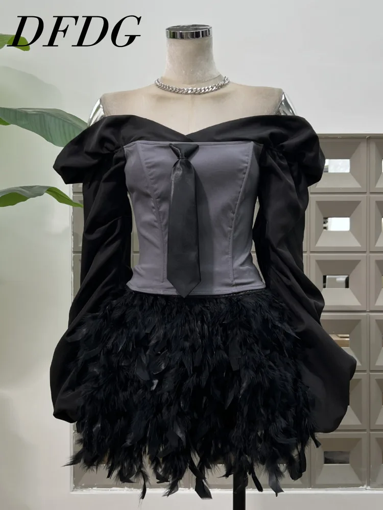 DFDG 2025 Spring Summer Women’s Tie Detail Off-Shoulder Puff Sleeve Top Feather Skirt 2-Piece Set Street Fashion Designer Set
DFDG 2025 Spring Summer Women’s Tie Detail Off-Shoulder Puff Sleeve Top Feather Skirt 2-Piece Set Street Fashion Designer Set