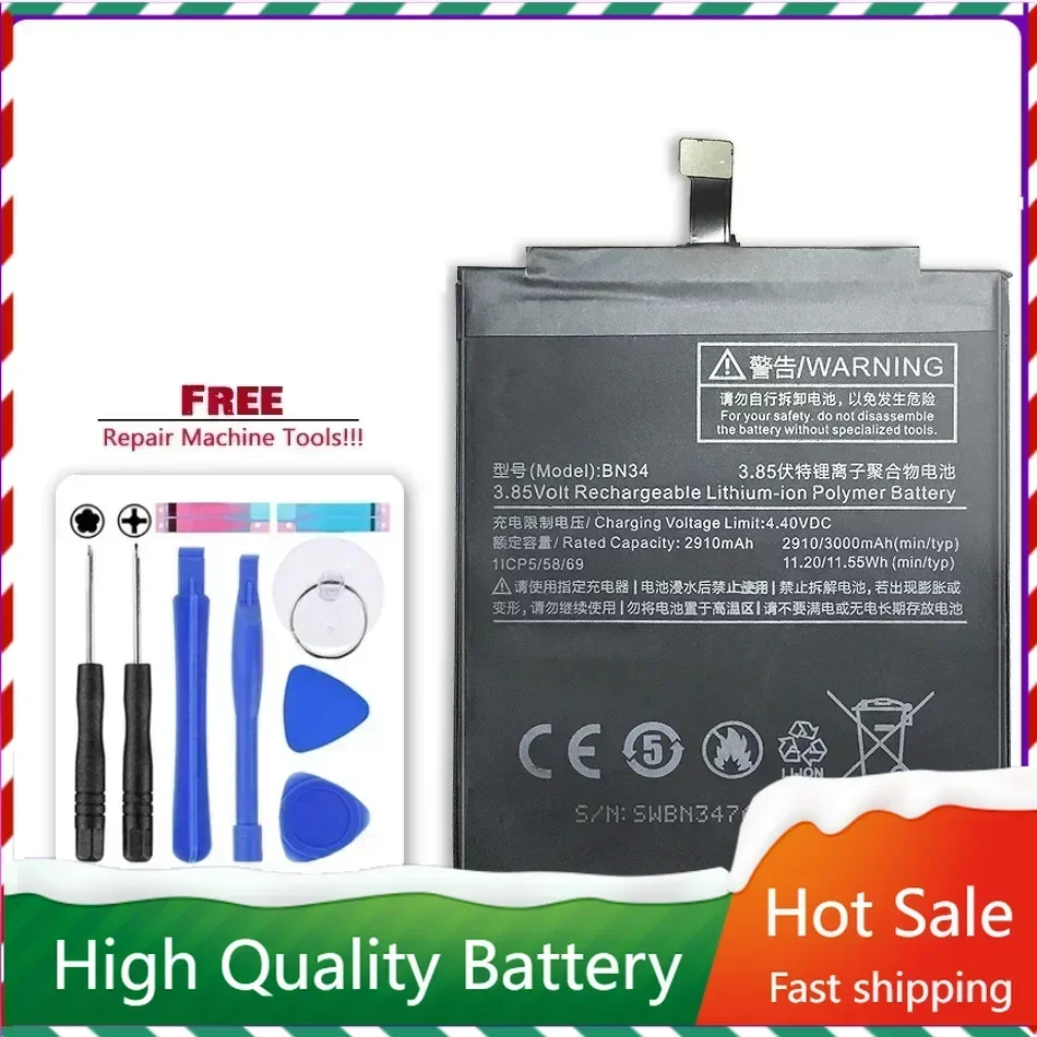 BN34 3000mAh Cell Phone Li-polymer Battery for Xiaomi Redmi 5A Rechargeable Portable Batteries Warranty + Tracking Number
BN34 3000mAh Cell Phone Li-polymer Battery for Xiaomi Redmi 5A Rechargeable Portable Batteries Warranty + Tracking Number