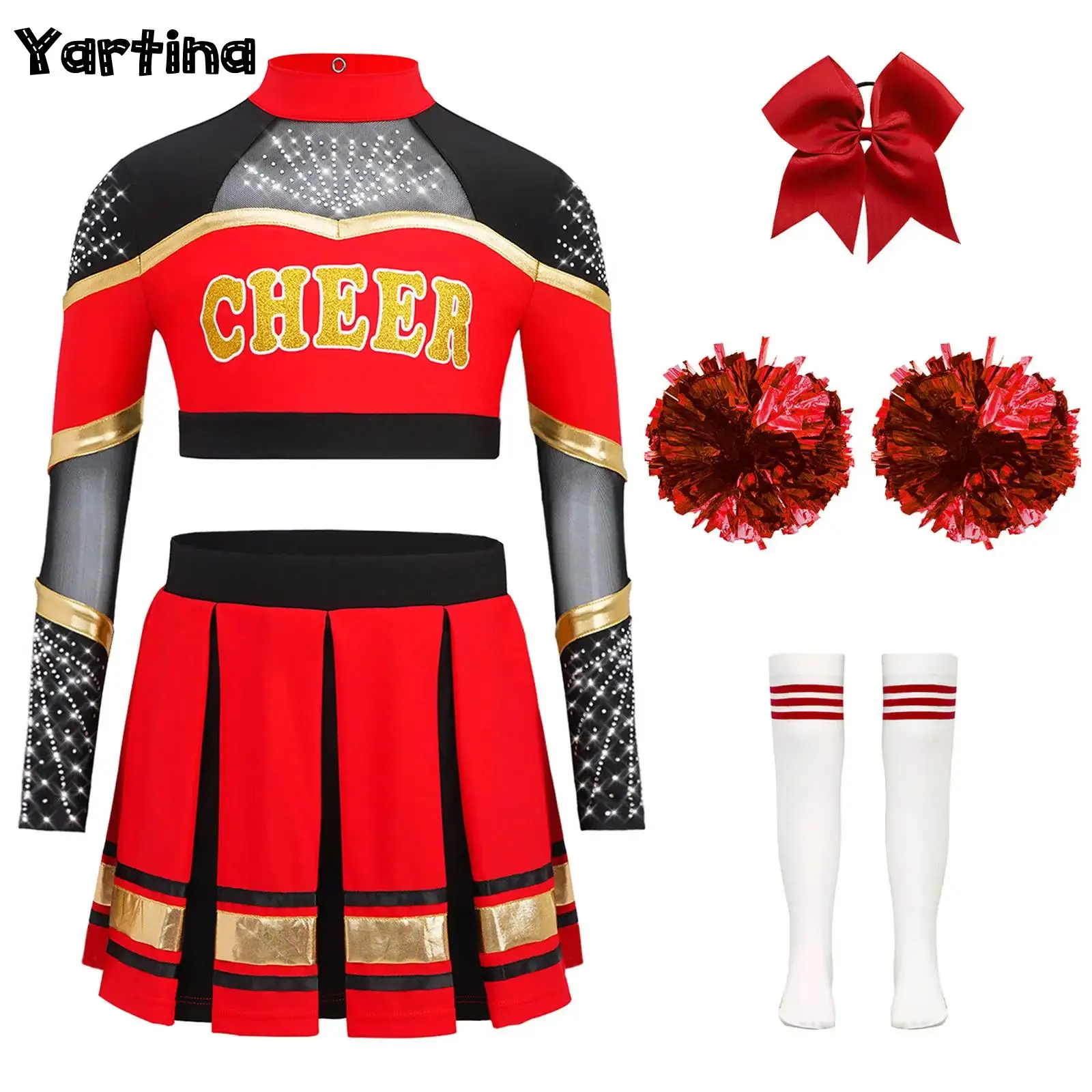 Kids Girls Cheerleader Ballet Dance Costume Cheerleading Uniform Long Sleeve Sheer Mesh Rhinestones Crop Top with Pleated Skirt
Kids Girls Cheerleader Ballet Dance Costume Cheerleading Uniform Long Sleeve Sheer Mesh Rhinestones Crop Top with Pleated Skirt