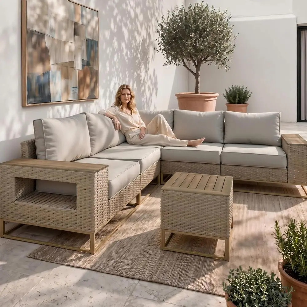 6-Piece Outdoor Patio urniture Set, ern PE Wicker Outdoor Sectional Soa with Storage Armrests & 5.5" Thick Cushions, L-Shaped Co
6-Piece Outdoor Patio urniture Set, ern PE Wicker Outdoor Sectional Soa with Storage Armrests & 5.5" Thick Cushions, L-Shaped Co