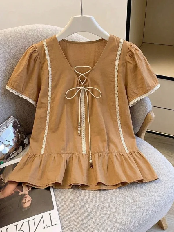 Orange Pumpkin Short Sleeve V-neck Women's Shirt Shoulder-Length Commute Style Korean Loose Fit Summer New Arrival
Orange Pumpkin Short Sleeve V-neck Women's Shirt Shoulder-Length Commute Style Korean Loose Fit Summer New Arrival