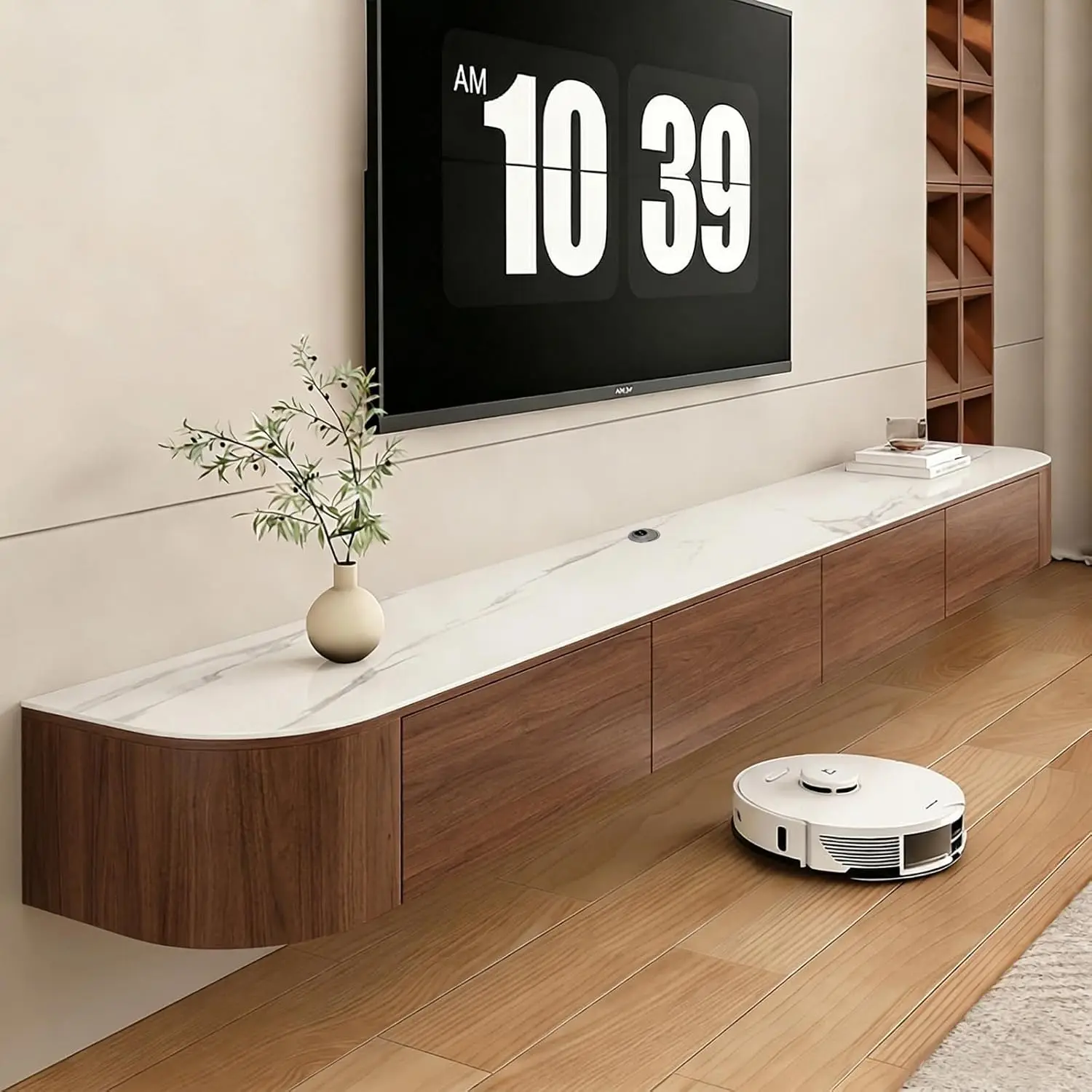 55in Floating TV Stand Wall Mounted Entertainment Center with 2 Drawers & Flip-Down Door Cable Management Walnut Customized
55in Floating TV Stand Wall Mounted Entertainment Center with 2 Drawers & Flip-Down Door Cable Management Walnut Customized