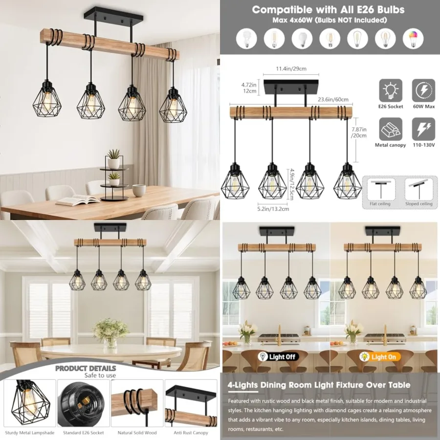 Farmhouse Wood Kitchen Island Lighting, 23.6'' Dining Room Light Fixtures Chandelier Over Table, Rustic Black Cage Pendant Ligh
Farmhouse Wood Kitchen Island Lighting, 23.6'' Dining Room Light Fixtures Chandelier Over Table, Rustic Black Cage Pendant Ligh