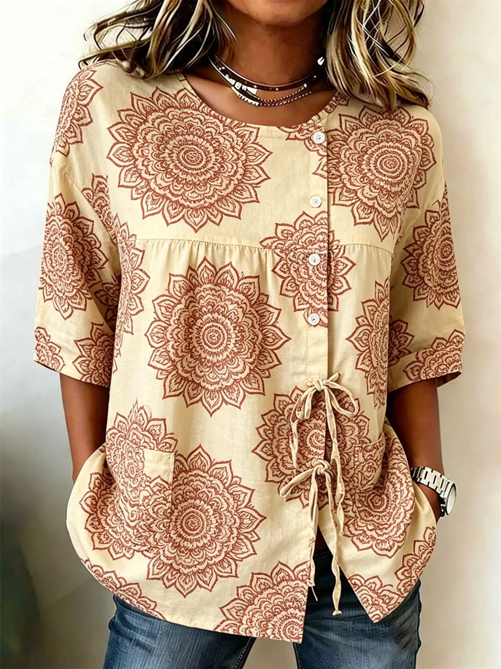 Women's Spring Summer Drawstring Blouse, Boho Mandala Floral Print Casual Tops for Daily Street Holiday Dating & Leisure Outfit
Women's Spring Summer Drawstring Blouse, Boho Mandala Floral Print Casual Tops for Daily Street Holiday Dating & Leisure Outfit