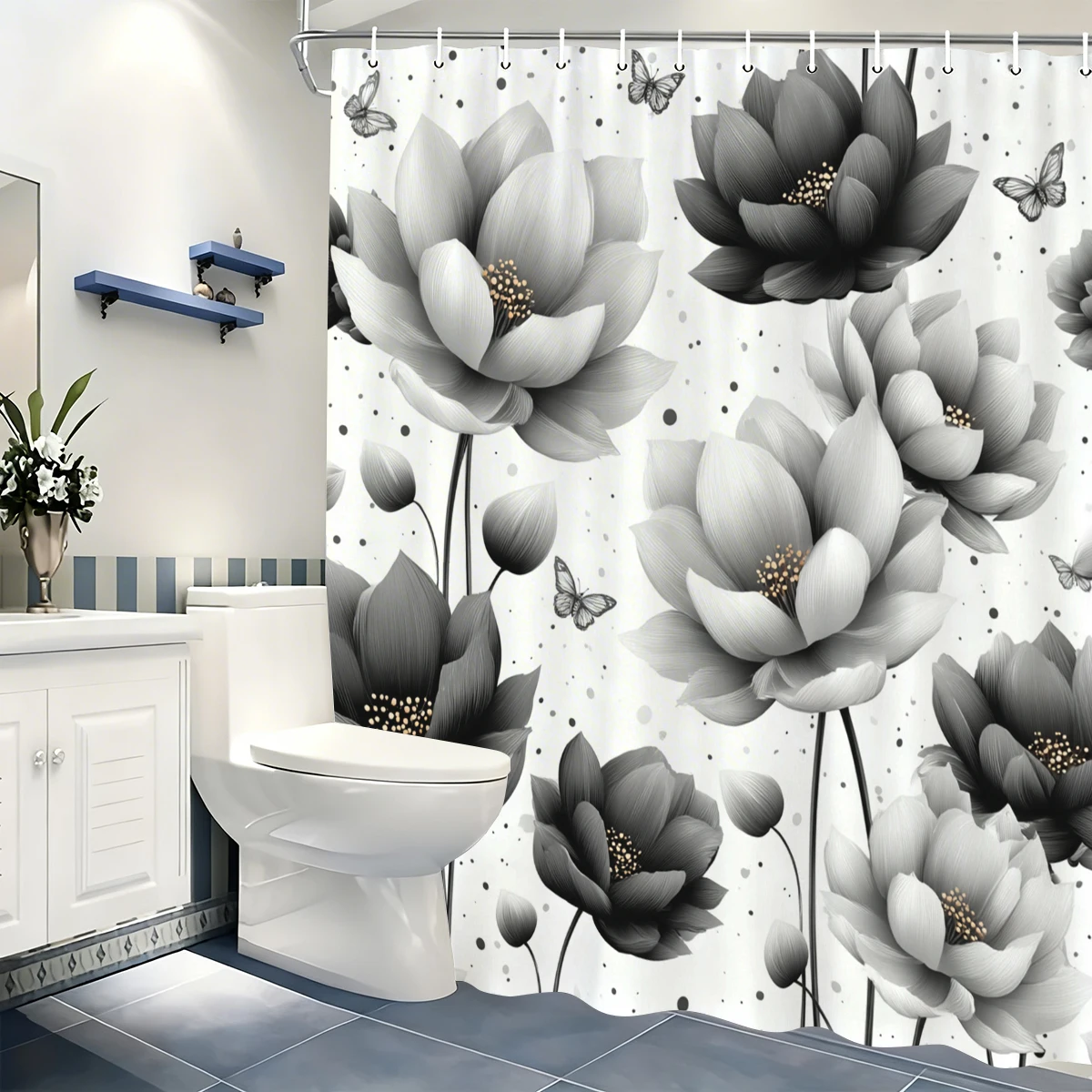 Black and White Lotus Flowers Pattern Polyester Shower Curtain - Plant Style Bathroom Decor Fabric Bathtub Curtain
Black and White Lotus Flowers Pattern Polyester Shower Curtain - Plant Style Bathroom Decor Fabric Bathtub Curtain