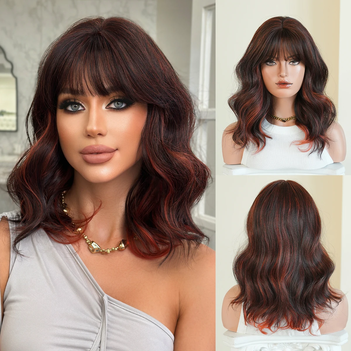 NAMM Synthetic Short Wavy Black Wig for Women High Density Layered Gradient Red Hair Wigs with Neat Bangs
NAMM Synthetic Short Wavy Black Wig for Women High Density Layered Gradient Red Hair Wigs with Neat Bangs
