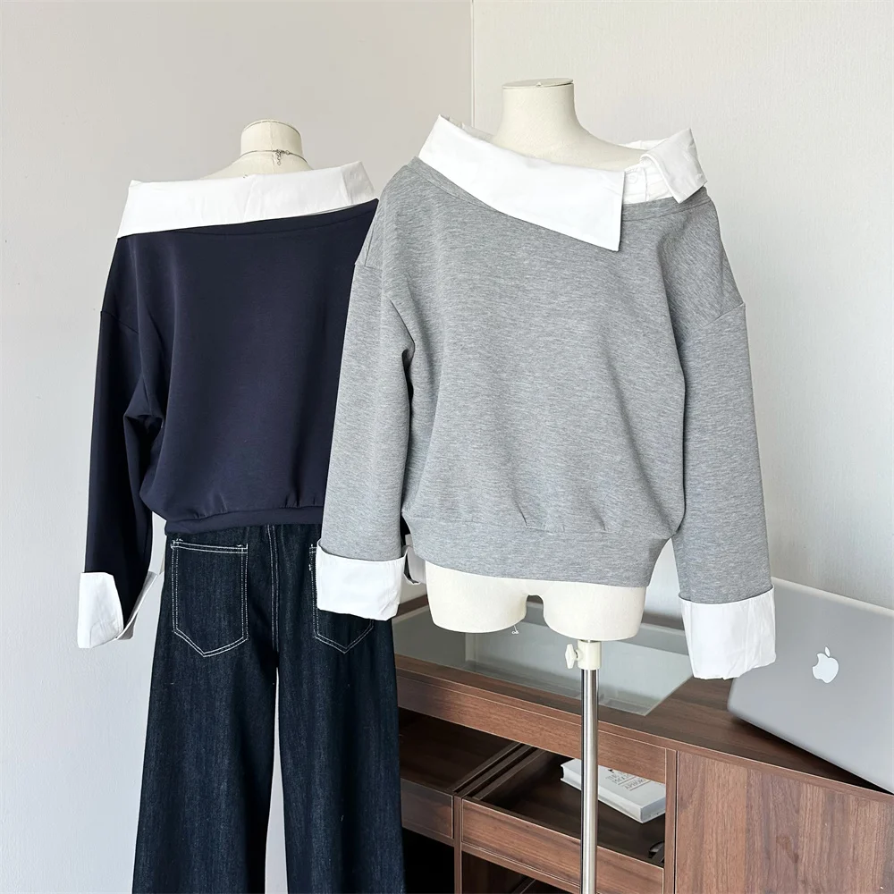 Women's Fake Two Pieces Irregular Collar Short Pullover Top Lady Autumn Winter Patchwork Long Sleeve Loose Top
Women's Fake Two Pieces Irregular Collar Short Pullover Top Lady Autumn Winter Patchwork Long Sleeve Loose Top